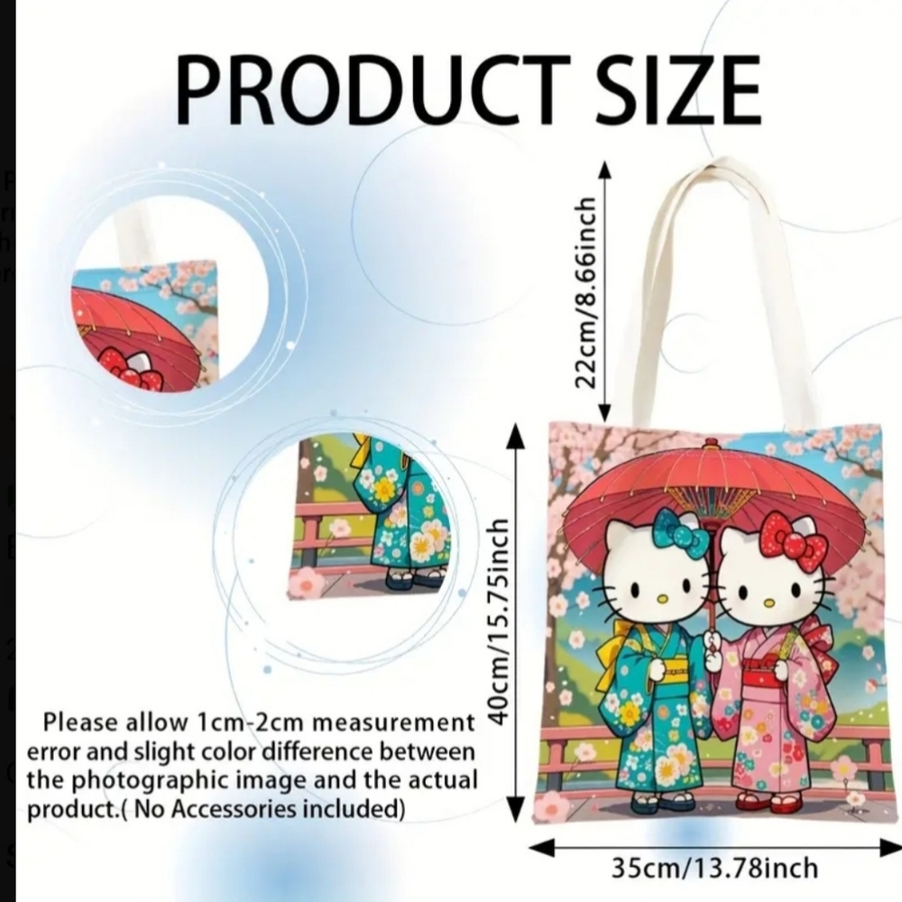 Hello Kitty Tote Bag - Pink and Green Kimono Design With Cherry Blossoms - Picture 3 of 4